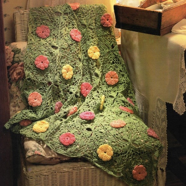 Vintage Afghan Crochet Pattern Rose Medallion Lace Granny Square Throw Roses Motif Blanket PDF Instant Digital Download