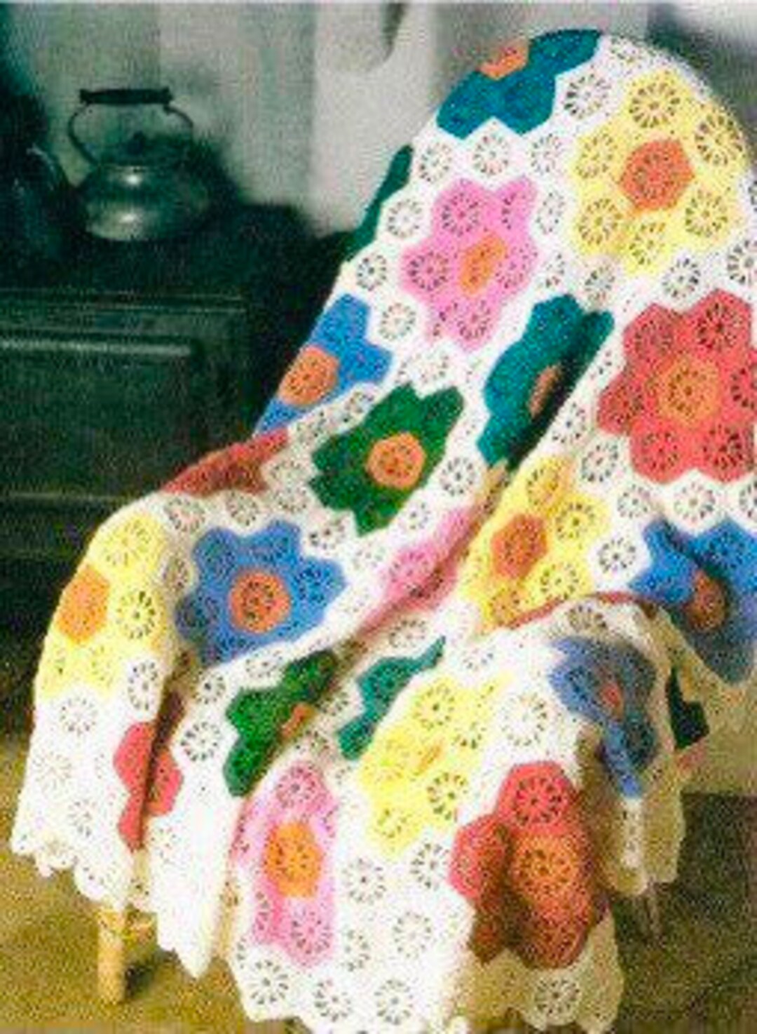 Vintage Crochet Pattern Grandmother's Flower Garden Afghan Hexagon