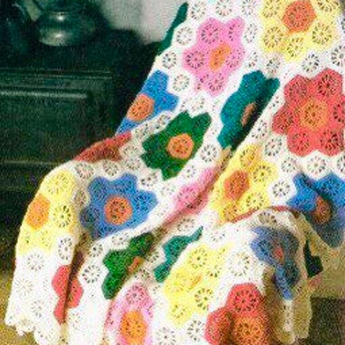Vintage Crochet Pattern Grandmother's Flower Garden Afghan Hexagon