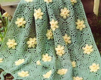 Vintage Crochet Pattern Dancing Daffodils Afghan Hexagon Motif Blanket Throw PDF Instant Digital Download