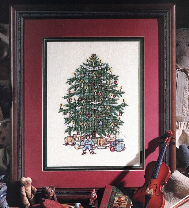 Vintage Handmade Cross Stitch Framed Christmas Tree Ornaments, Set of 16 
