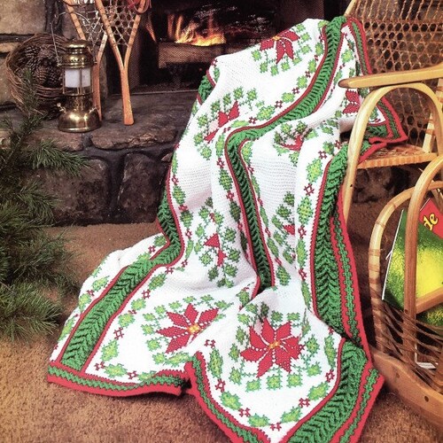 Vintage Crochet Christmas Blanket Pattern Poinsettia Bloom Afghan