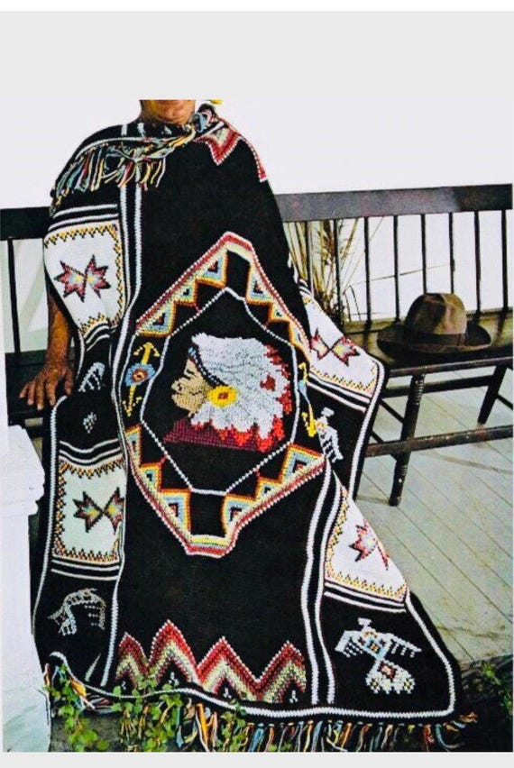 Vintage Crochet Afghan Pattern Native American Indian Head Blanket Throw PDF Instant Digital Download Geometric Navajo Thunderbird