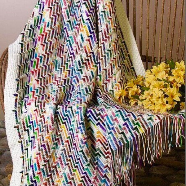 Vintage Crochet Afghan Pattern Geometric Colors Stripe Blanket Throw PDF Instant Digital Download