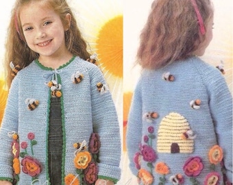 Vintage Crochet Pattern Girls Ornate Cardigan Sweater Jacket PDF Instant Digital Download Bee Hive Flower
