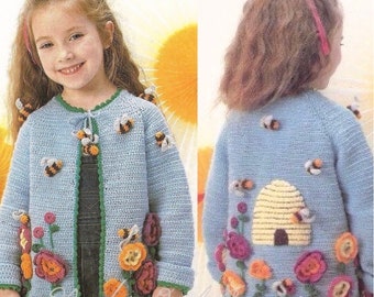 Vintage Crochet Pattern Girls Ornate Cardigan Sweater Jacket PDF Instant Digital Download Bee Hive Flower