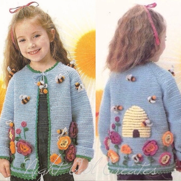 Vintage Crochet Pattern Girls Ornate Cardigan Sweater Jacket PDF Instant Digital Download Bee Hive Flower