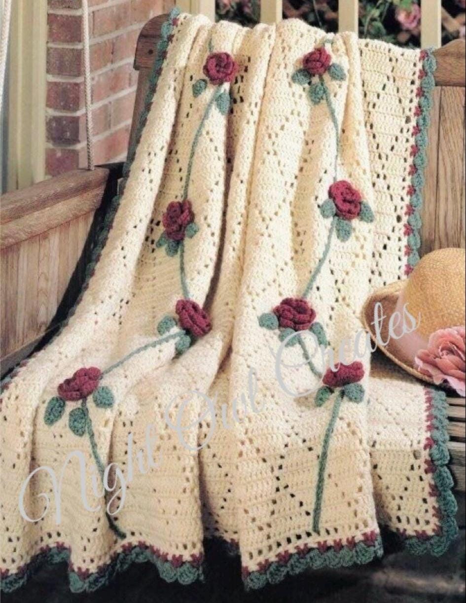 Vintage Rose Crochet Blanket Pattern Rambling Rose Afghan Throw PDF Instant Digital Download Long Stem Roses Openwork Lattice Pattern