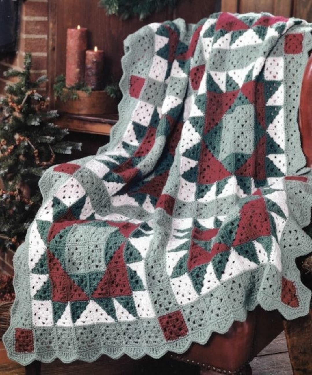 Vintage Afghan Quilt Crochet Pattern Christmas Crowns Granny Square Patchwork Throw Blanket PDF Instant Digital Download
