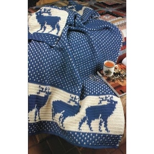 Vintage Northwoods Christmas Crochet Pattern Reindeer in the Snow Throw Blanket Afghan PDF Instant Digital DOWNLOAD