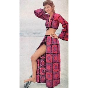 Vintage Crochet Pattern Swim Beach Cover Up Granny Square Skirt and Crop Midriff Top PDF Instant Digital Download Boho Bell Sleeves
