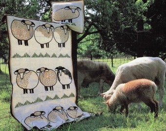 Vintage Häkelanleitung Frühling Lämmer Country Farm Haus Afghan und Kissen Set Decke PDF Instant Digital Download Schwarzes Schaf der Familie