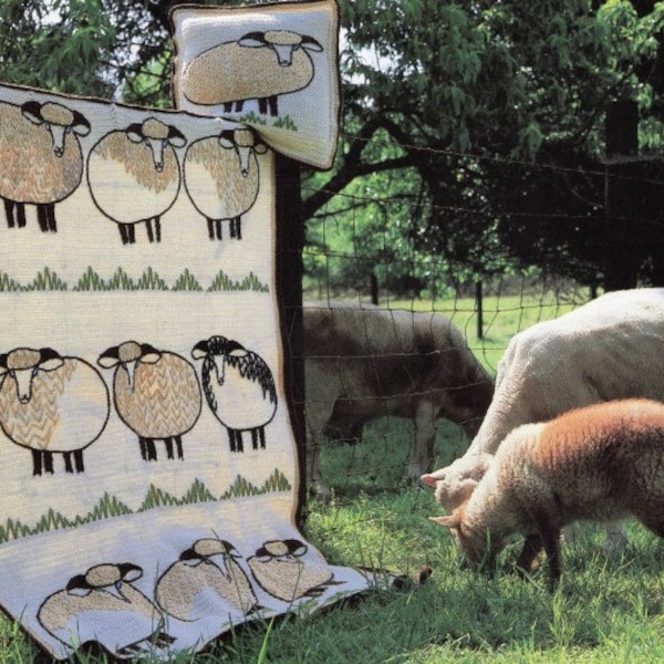Vintage Crochet Pattern Spring Lambs Country Farm House Afghan and Pillow Set Blanket PDF Instant Digital Download Black Sheep of the Family