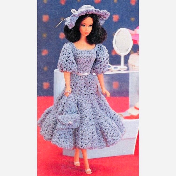 Vintage haakpatroon Barbie kleding kanten vermoeide jurk met hoed en handtas portemonnee bijpassende set PDF Instant Digitale Download