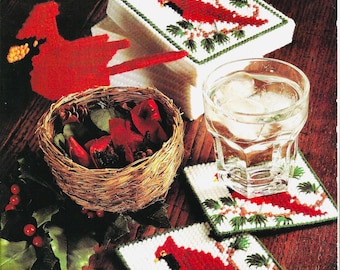 Vintage Plastic Canvas Pattern Christmas Cardinal Bird Coaster Set PDF INSTANT Digital DOWNLOAD Christmas Spirit