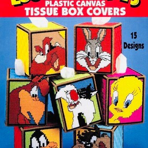 Vintage Plastic Canvas Patten Book Looney Tunes Cartoon Tissue Box Covers Leaflet PDF Instant Download Bugs Bunny Tweety Daffy Duck