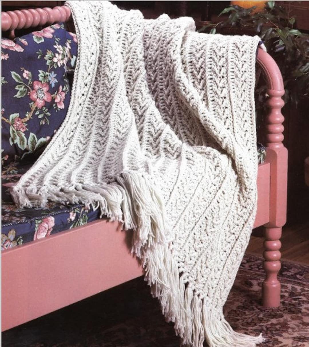 Vintage Crochet Pattern Classic Aran Afghan Fisherman Throw Blanket V