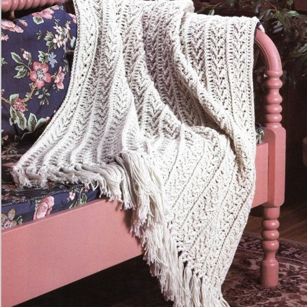 Vintage Crochet Pattern Classic Aran Afghan Fisherman Throw Blanket V Stitch PDF Instant Digital Download