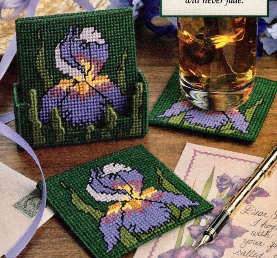 Plastic Canvas Coasters Pattern Iris Floral Coaster Set With Holder ...