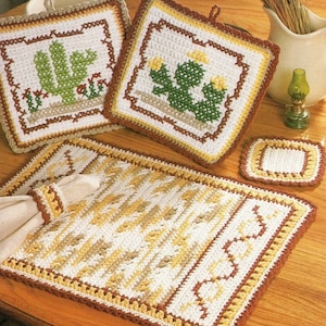 Vintage Crochet Pattern Aztec Southwestern Kitchen Set Placemat Cactus Pot Holders Coasters Napkin Ring PDF Instant Digital Download