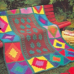 Vintage Crochet Pattern Aztec Indian Inspired Motifs Afghan Blanket Southwestern Throw PDF Instant Digital Download Colorful