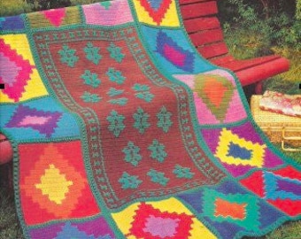 Vintage Crochet Pattern Aztec Indian Inspired Motifs Afghan Blanket Southwestern Throw PDF Instant Digital Download Colorful