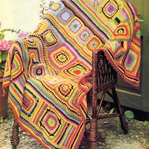 Vintage Afghan Crochet Pattern Carnival Colorful Motif Flower Blanket Throw PDF Instant Digital Granny Square Motif