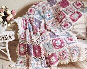Vintage Crochet Pattern Pastel Lacy Granny Square Afghan Throw Motif Blanket  PDF Instant Digital Download