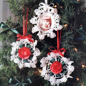 Vintage Crochet Christmas Pattern  Victorian Old Time Lacy Dainty Tree Ornaments  PDF Instant Digital Download Rose Frame