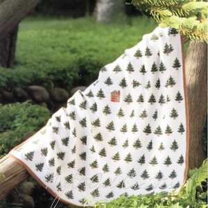 Vintage Afghan Crochet Pattern Little House in the Woods Blanket Christmas Evergreens Tree Throw PDF Instant Digital Download