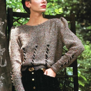 Vintage Knitting Pattern Ribbon Eyelet Lace-Front Pullover Yamabuki Sweater Knitted Puff Sleeve Top  PDF Instant Digital DOWNLOAD