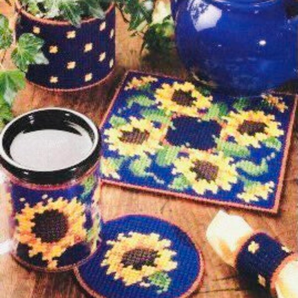 Plastic Canvas Pattern Sunny Sunflower Matching Table Set PDF Instant download Coaster Set, Napkin Rings, Plant Pot, Mug, Trivet Hot Plate