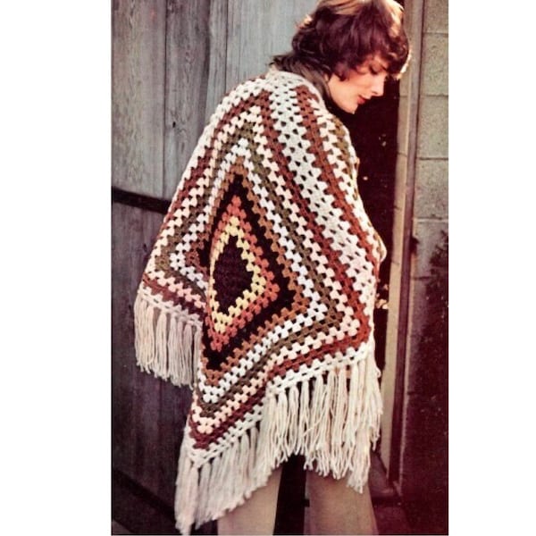 Vintage Häkelanleitung Großes Oma Quadrat Fransen Schal Wrap PDF Muster SOFORTIGER Digitaler DOWNLOAD Open Weave