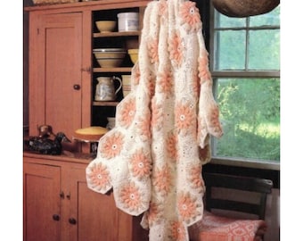 Vintage Afghan Crochet Pattern Country Flower Petal Hexagon Motif Blanket Throw PDF Instant Digital Download