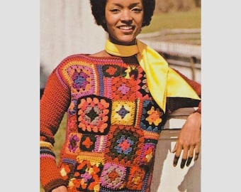 Vintage Crochet Pattern Classic Retro Granny Square Pullover Sweater Top PDF Instant Digital Download