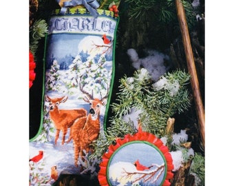 Vintage Cross Stitch Stocking Pattern Snowy Forest Personalized PDF Instant  Digital Download Ornament and Wall Hanging Deer Cardinal Bird