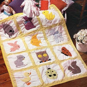 Vintage Sewing Quilt Pattern Baby Blanket Applique Woodland Animals Square Motif  PDF Instant Digital Download 70s Cottagecore Decor