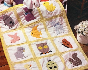 Vintage Sewing Quilt Pattern Baby Blanket Applique Woodland Animals Square Motif  PDF Instant Digital Download 70s Cottagecore Decor