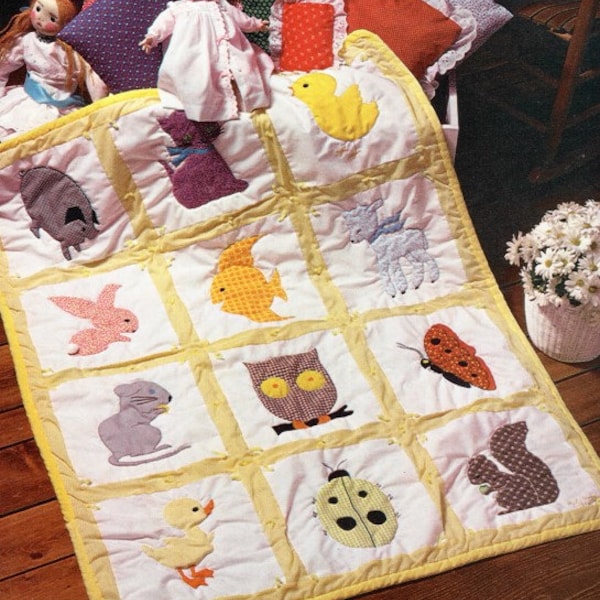 Vintage Sewing Quilt Pattern Baby Blanket Applique Woodland Animals Square Motif  PDF Instant Digital Download 70s Cottagecore Decor