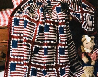 Vintage Afghan Crochet Pattern American Spirit Flag Blanket Motif Square Throw PDF Instant Digital Download 4th of July Patriotic