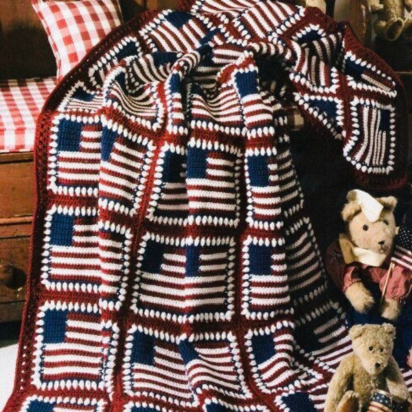 Vintage Afghan Crochet Pattern American Spirit Flag Blanket Motif Square Throw PDF Instant Digital Download 4th of July Patriotic