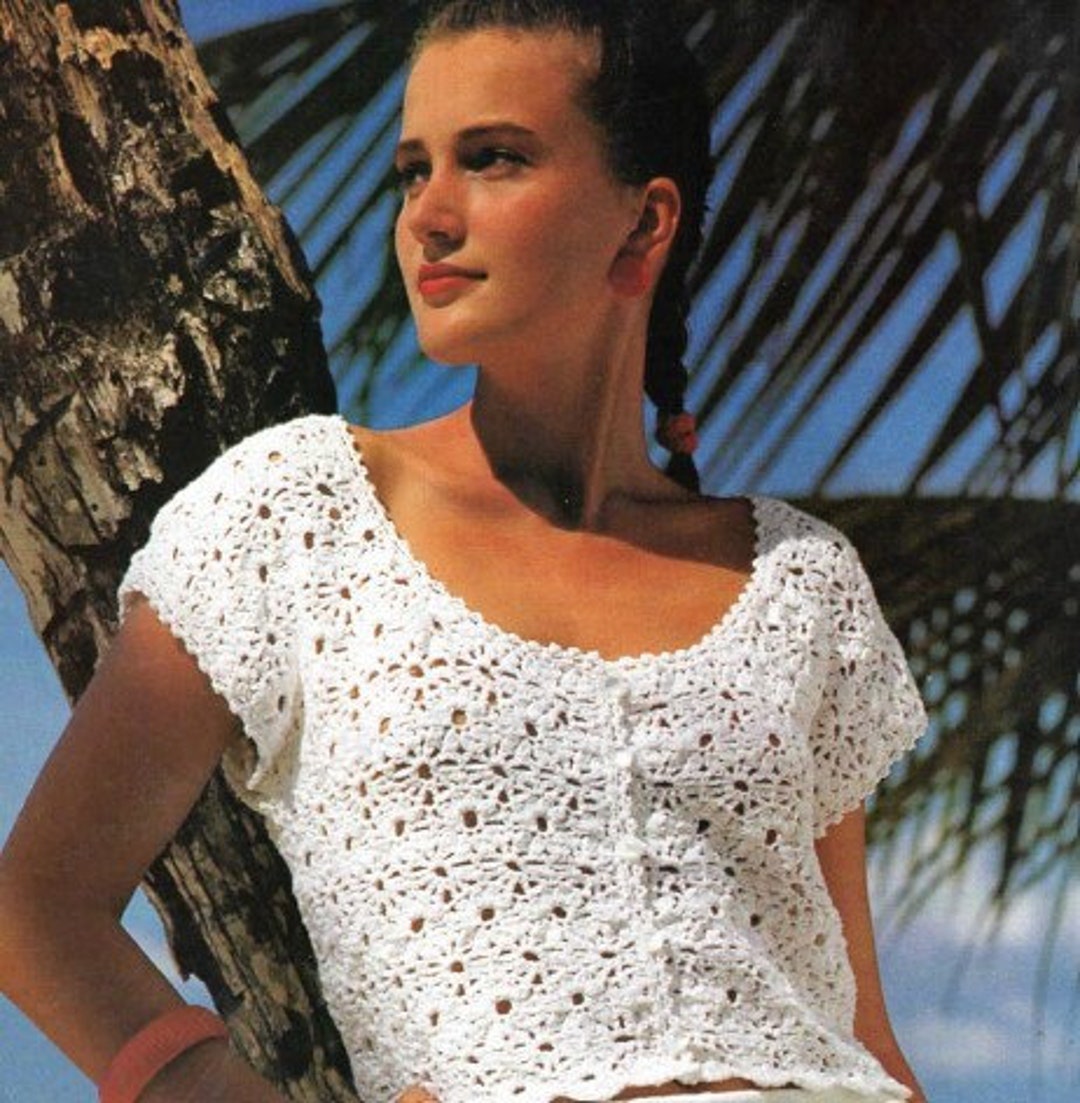 Vintage Crochet Pattern Pullover Lacy Button Crop Top Motif Sweater ...