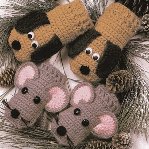 Vintage Crochet Pattern Animal Mitts Children's Winter Mittens Dog and Mouse PDF Instant Digital Download Holiday Christmas Gift Giving