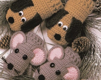 Vintage Crochet Pattern Animal Mitts Children's Winter Mittens Dog and Mouse PDF Instant Digital Download Holiday Christmas Gift Giving