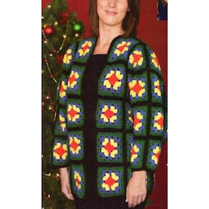 May include: A black crochet cardigan with colorful squares. The squares are made with red, yellow, green, and blue yarn.