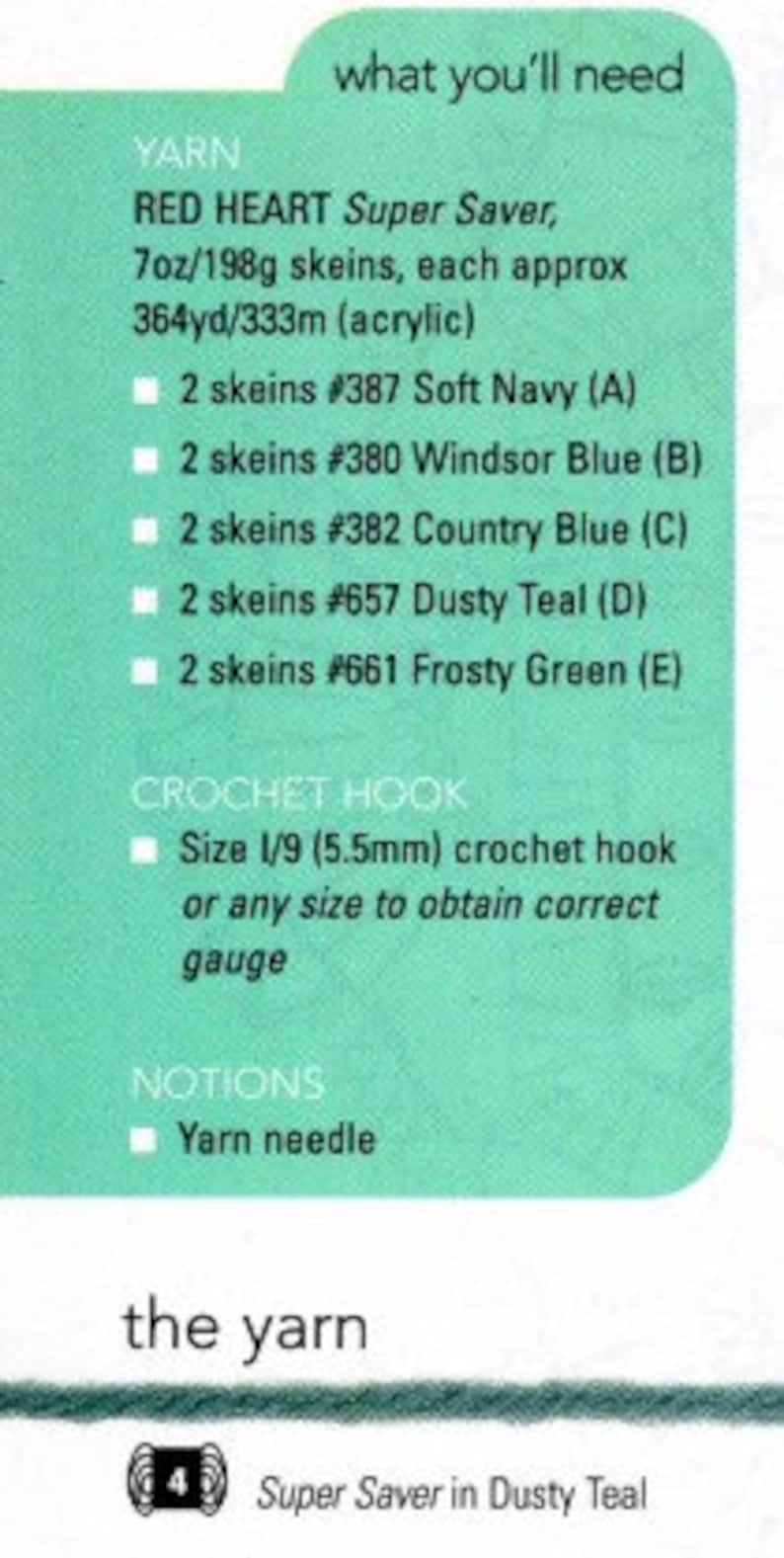 May include: A close-up of a teal yarn ball with the text "Super Saver in Dusty Teal" and the number "4" printed on a white label. The yarn is part of a crochet kit that includes instructions for making a blanket.
