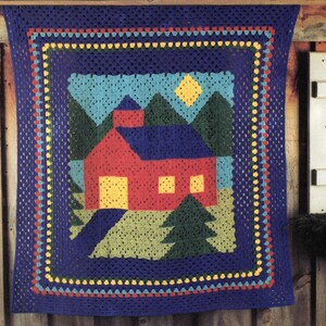 Vintage Crochet Afghan Pattern School House Log Cabin Picture Blanket Throw Patchwork PDF Instant Digital Download Patchwork