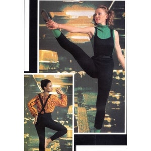 May include: Image of a woman in a black jumpsuit with a green turtleneck and green accents, stretching her leg. A second image shows a woman in a similar jumpsuit with an orange patterned top. The outfits are reminiscent of 1980s workout attire.