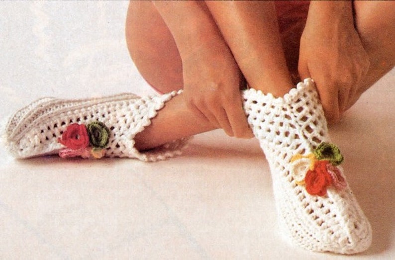 Vintage Crochet & Knitting Pattern Adult Bootie Ankle Slippers Socks Crocheted Flowers Pattern PDF INSTANT Digital DOWNLOAD image 1