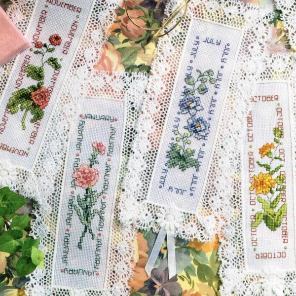 Vintage Cross Stitch Pattern Months of the Year Bookmarks with Birth Month Flowers PDF Pattern Instant Digital Download 12 Bookmark Designs